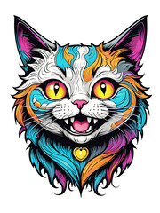 Colorful cat head with colorful splashes on transparent background
