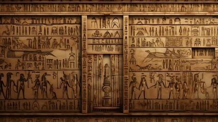 a wall of an ancient egyptian temple with symbols and symbols - obrazy, fototapety, plakaty