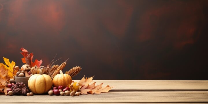 Autumn background sets the stage for product display on empty table.