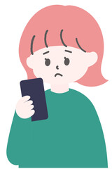 スマートフォンを見て悲しい顔をしている女性のイラスト