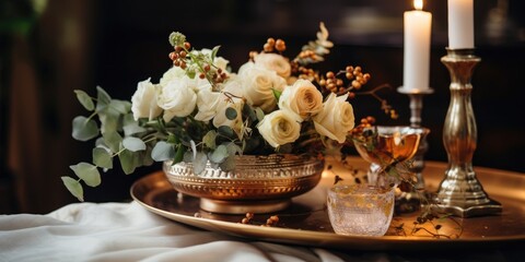 Obraz na płótnie Canvas Table adorned with white flower bouquet, vintage copper tray with candles, wedding decor at home.