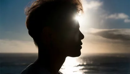 Fotobehang 顔​と​海​の​二重​露光​ポートレート　人物　男性　AI生成画像 © ribbon_s