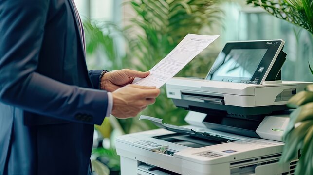 Businessman print paper on a multifunction laser printer in business office.