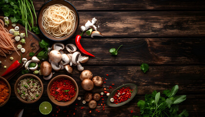 Asian cuisine ingredients with noodles and chicken, food background. on a wooden kitchen table. Top view - obrazy, fototapety, plakaty
