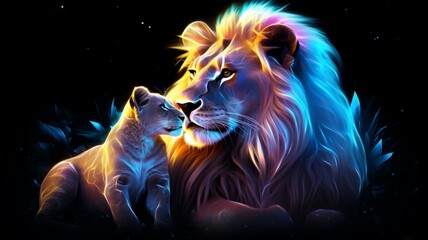 Neon light Lion animal caressing its baby AI Generated pictures