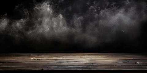 A wooden stage with a smoke and a spotlight on it, Gym Table, Smoke on a black background, Generative AI