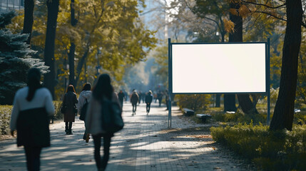 White ad board mock up for product advertisement in central garden. Created using generative AI.