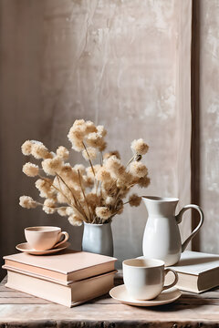 cup of coffee and books, dried flower, vese, 04