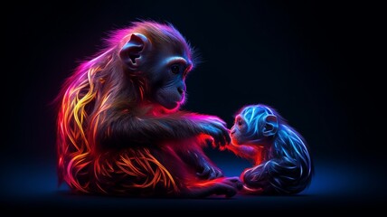 Neon light Monkey animal caressing its baby AI Generated pictures - Powered by Adobe