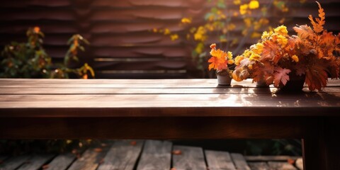 Fototapeta na wymiar Autumn sunshine and brown table.