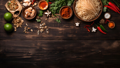 Asian cuisine ingredients with noodles and chicken, food background. on a wooden kitchen table. Top view