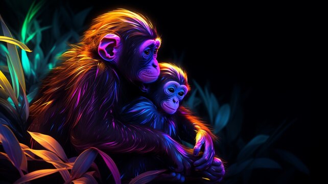 Neon light Monkey animal caressing its baby AI Generated pictures