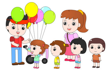 Children lining up to buy items, eagerly waiting for colorful balloons.