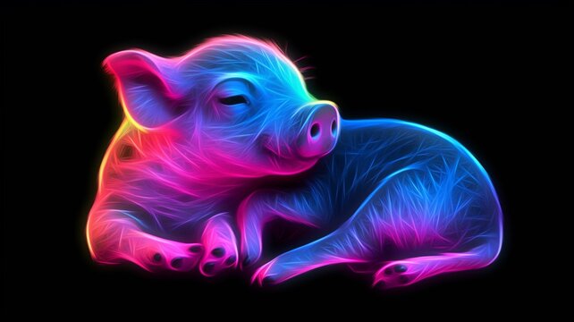Neon light Pig animal caressing its baby AI Generated pictures