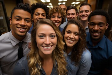 Obraz premium Office coworkers huddled together for a group photo to mark the New Year, Generative AI