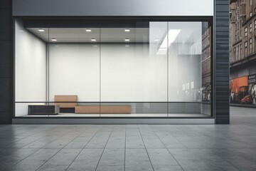 Contemporary store with blank banner and urban window reflections. Generative AI