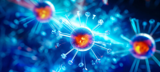 Corona virus in blue background. Covid-19 concept. Texture for website, banner,  business, print design template  for design with copy space.