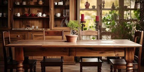 Fototapeta na wymiar Showcase vintage wooden table in dining room decor idea