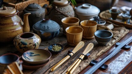 Traditional tea utensils, such as bamboo whisks and clay tea pots, laid out for the ceremony.