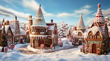 Obraz premium A 3d rendering of a gingerbread village. Generative AI.