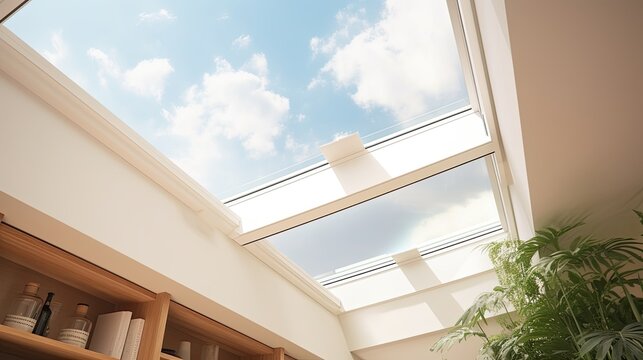 Remote controlled motorized skylight shades for sunlight control solid color background
