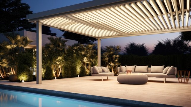 Remote controlled motorized pergolas for adjustable outdoor shade solid color background