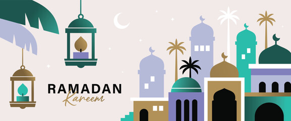 Ramadan Kareem banner, poster, greeting card, cover design with mosque, crescent moon, lantern and typography in flat geometric style.