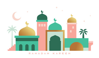Ramadan Kareem banner, poster, greeting card, cover design with mosque and typography in flat geometric style.
