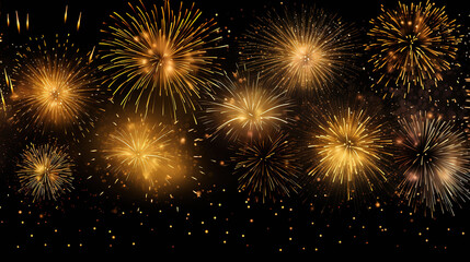 Fototapeta na wymiar Happy New Year holiday Greeting Card banner - Golden year, glitter stripes and firework fireworks