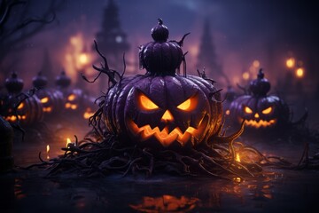 Sinister Halloween Pumpkins Surrounded by Haunting Fog, on an isolated Ominous Purple background, Generative AI
