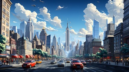 bustling metropolis with skyscrapers and heavy traffic, vector - obrazy, fototapety, plakaty