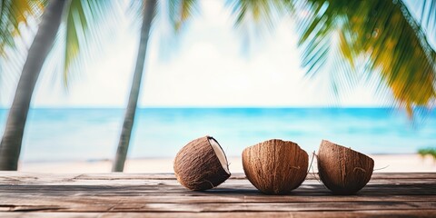 Coconut leaves product display on wooden bar with beach background; clean kitchen wood desk on sea...