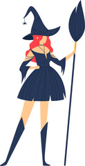 Redheaded witch in a blue dress with a tall hat and broom. Modern witch costume design. Halloween character and sorceress style vector illustration.