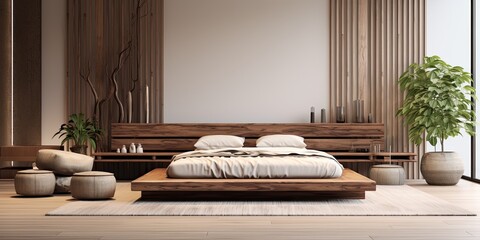 Zen-style bedroom with a wood bed, oriental accents, and a tranquil ambiance for deep meditation and restful sleep.