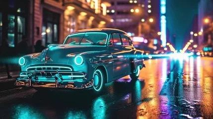 Fototapeten A vintage car with neon wheels spins and twirls creating a mesmerizing light display as it weaves through traffic © Justlight