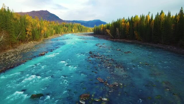beautiful autumn landscape of Kanas Lake in the valley of Altai Mountains of Xinjiang China , stream flowing in the woods 