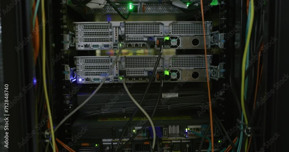 Poster Cables, hardware and server room background for information technology, cybersecurity or GDPR. Wires maintenance, connection and network with programming machine for data center backup or engineering