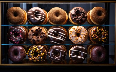 A display case filled with various kinds of donuts. Generative AI.
