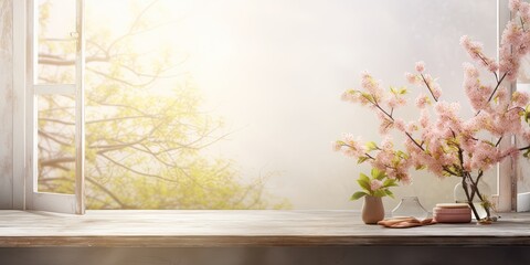 Spring window with free space table background.
