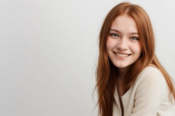Naklejka premium Cheerful ginger woman smiling and looking at the camera, isolated on a white background.