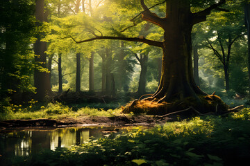 Breathtaking Enchanting Forest Bathing in Warm Sunlight - A Picture Depicting the Tranquility of Untouched Nature