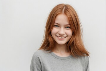 Cheerful ginger woman smiling and looking at the camera, isolated on a white background.