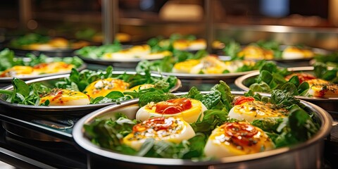 Hotel breakfast buffet with eggs and spinach in heating trays.