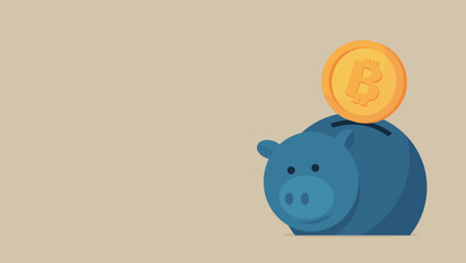 Blue piggy bank and bitcoin.