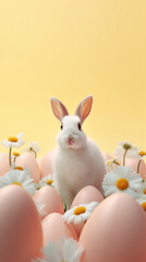 A cute white rabbit sits amidst Easter eggs and white daisies on a yellow background.
