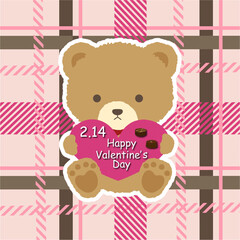 かわいい熊のぬいぐるみとバレンタインのハートとチェック柄の背景