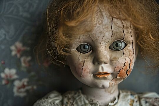 A haunted doll with cracked porcelain and a ghostly presence Old mystical scary horror doll