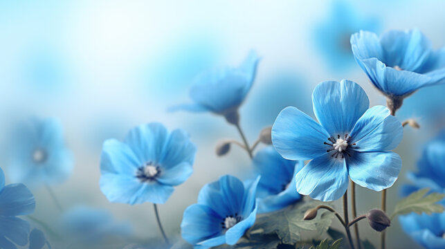 Elegant blue anemone flowers blooming, bathed in a soft, ethereal blue light.