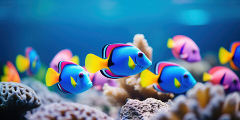 Fototapeta na wymiar Brightly colored clownfish darting through the coral reefs in a tranquil underwater scene.