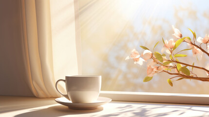 Sunlight streams onto a tranquil scene of a coffee cup and soft pink spring blossoms on a window sill.
